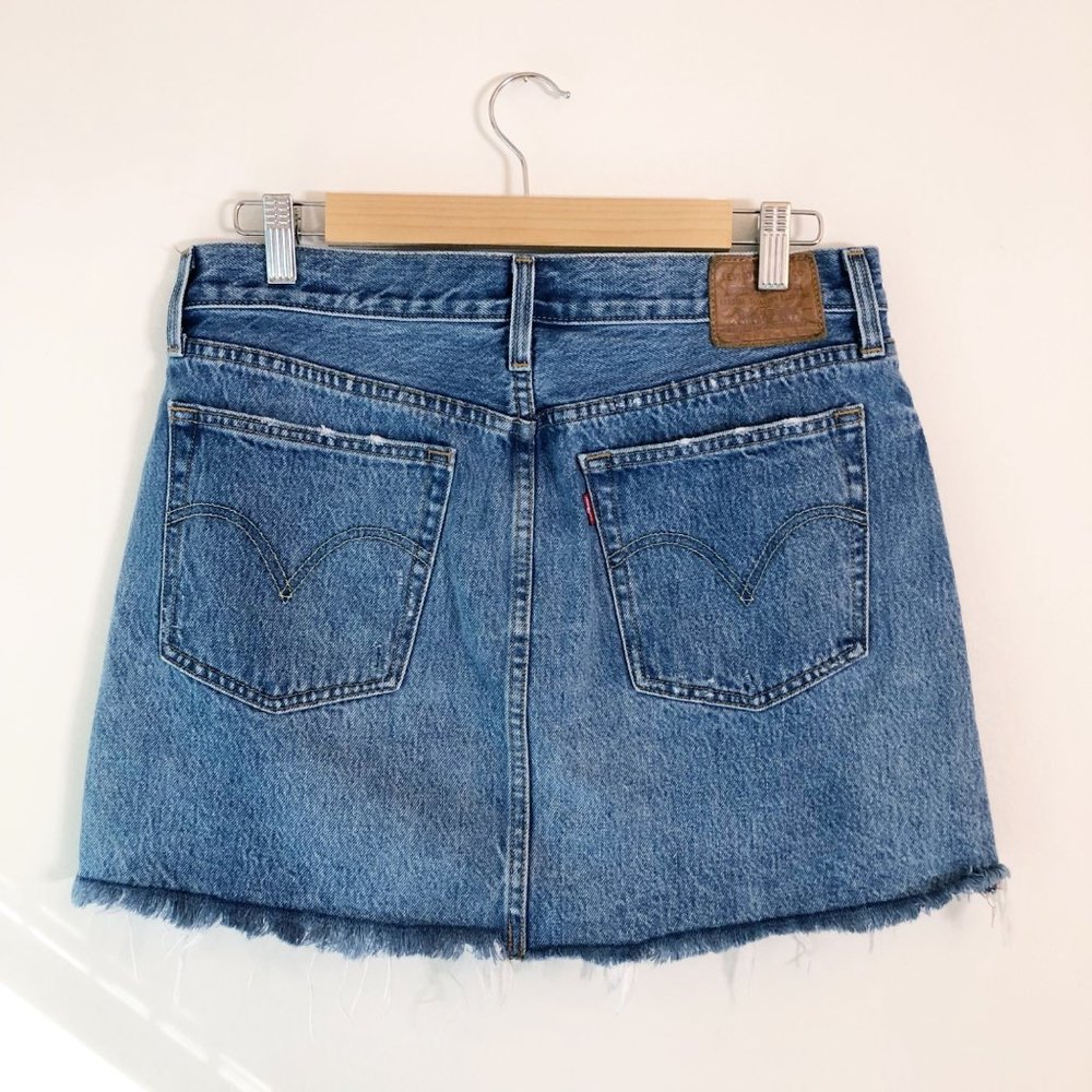 Levis Distressed High Rise Blue Jean Skirt with Raw Hem | 30 - Picture 3 of 11